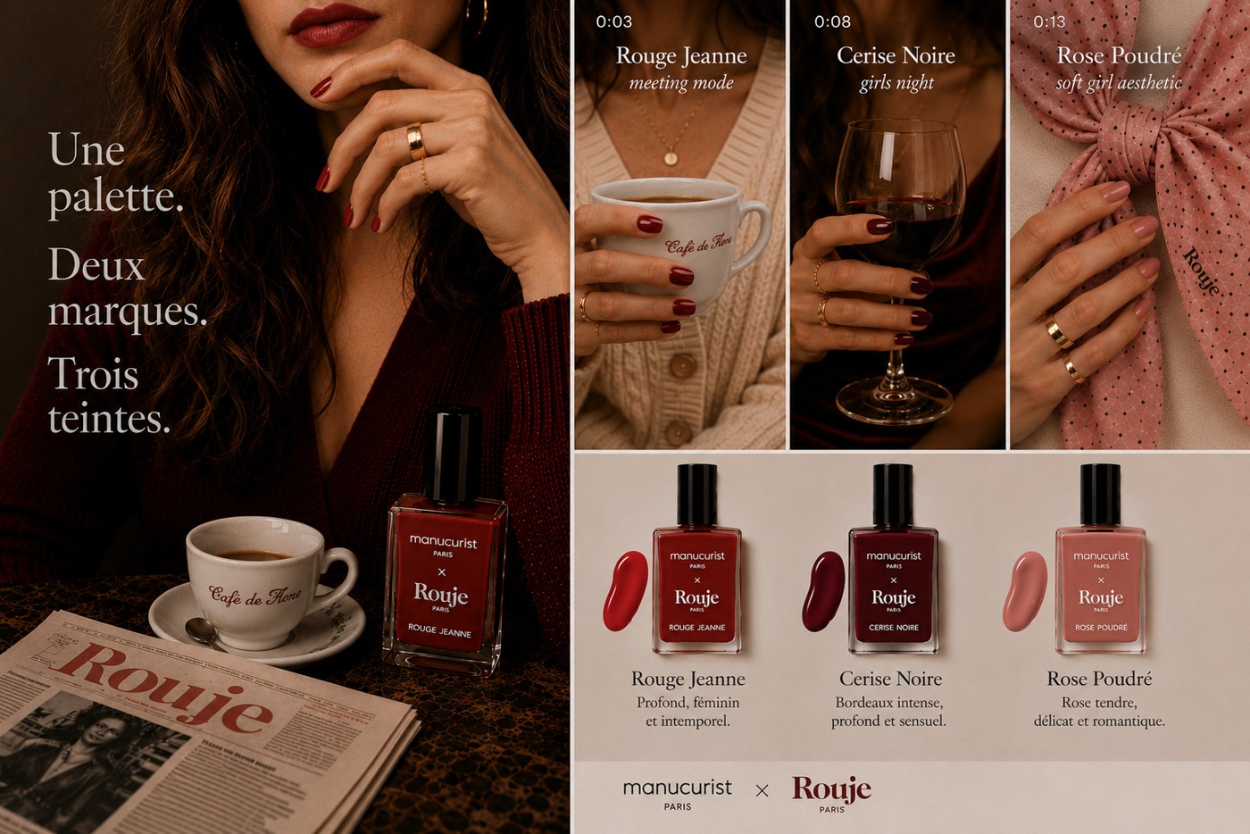 Print ad: model with coffee and nail polish, headline reading Une palette, Deux marques, Trois teintes, with a three-shade palette breakdown