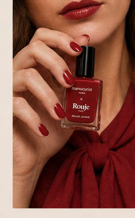 Rouje x Manucurist campaign thumbnail: close-up of model applying Jeanne Red nail polish near her lips