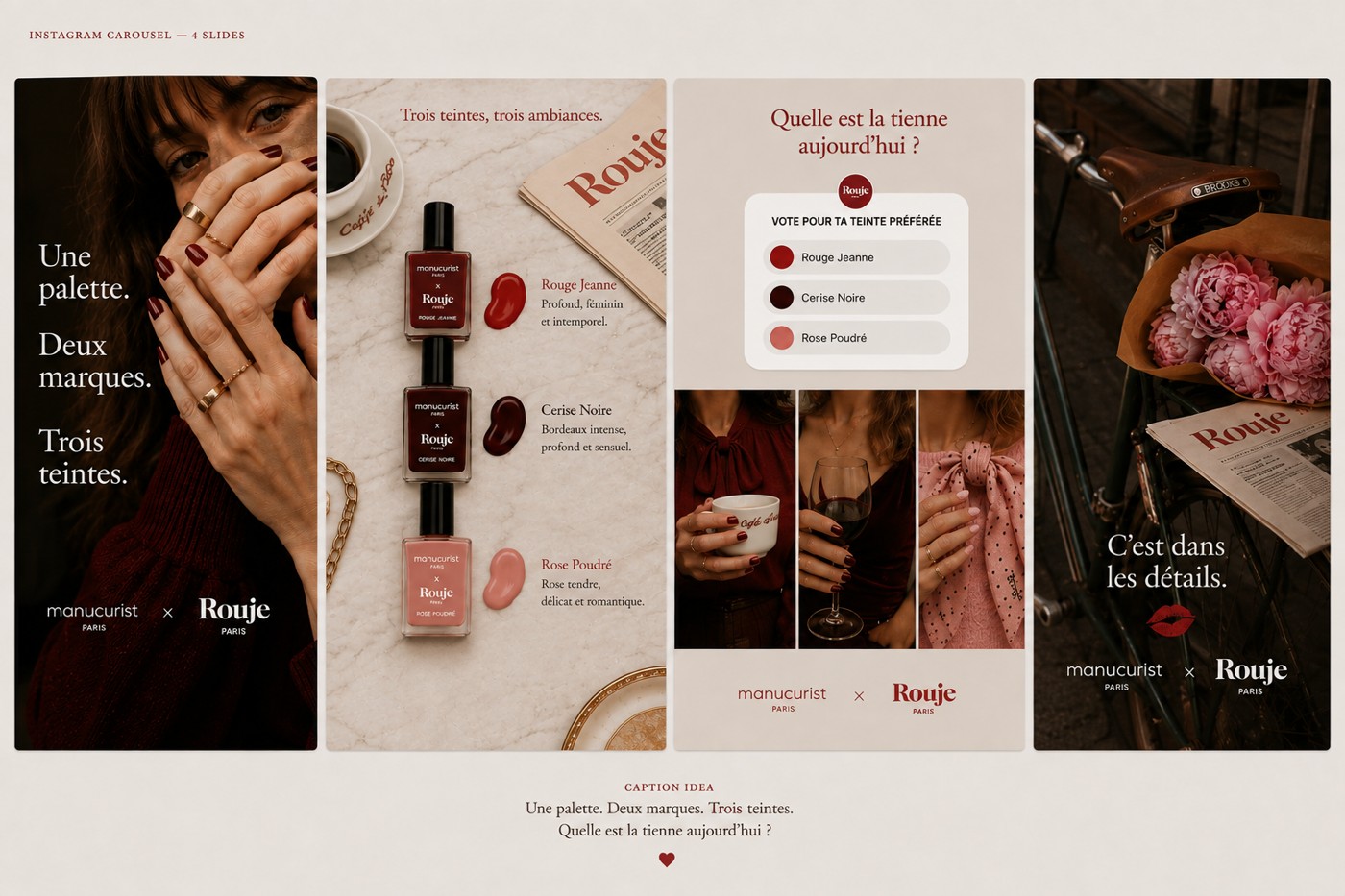 Instagram carousel: four slides showing the palette reveal, three-shade breakdown, styled looks, and a closing card reading C'est dans les détails